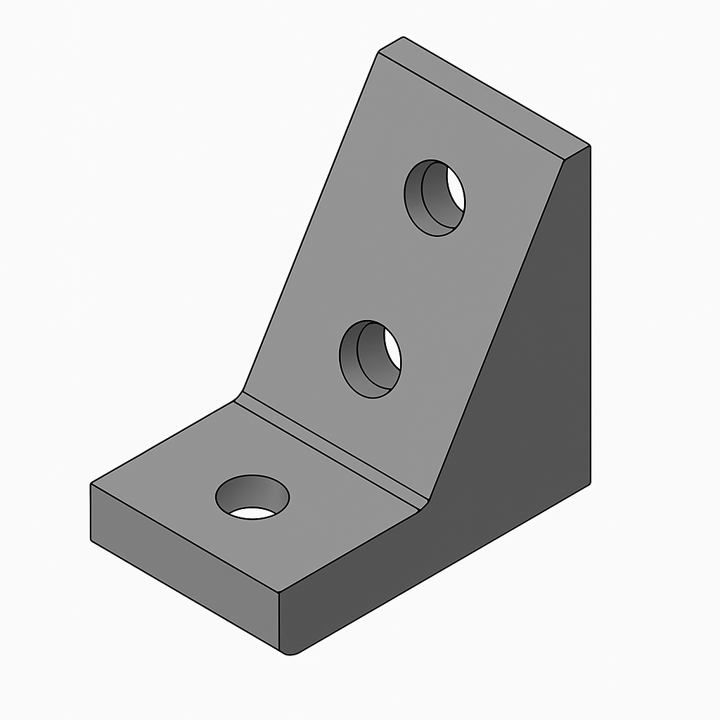 CAD model of a machined bracket with an angled mounting face